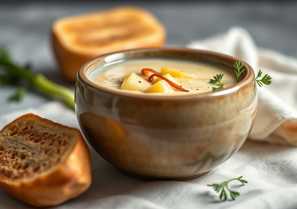 Culinaplaza aardappel prei soep, AI-gegenereerde illustratie