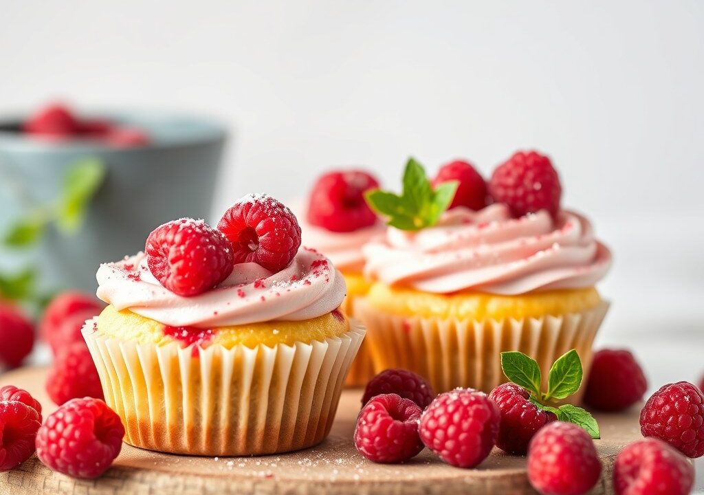 Cupcakes met frambozen, ricotta en pijnboompitten, AI-gegenereerde illustratie
