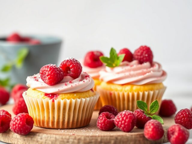 Cupcakes met frambozen, ricotta en pijnboompitten — AI-gegenereerde illustratie