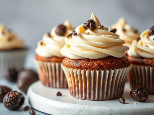 Cupcakes met macadamianoten en witte-chocoladeglazuur — AI-gegenereerde illustratie
