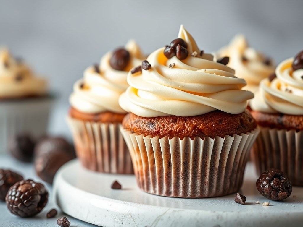 Cupcakes met macadamianoten en witte-chocoladeglazuur, AI-gegenereerde illustratie