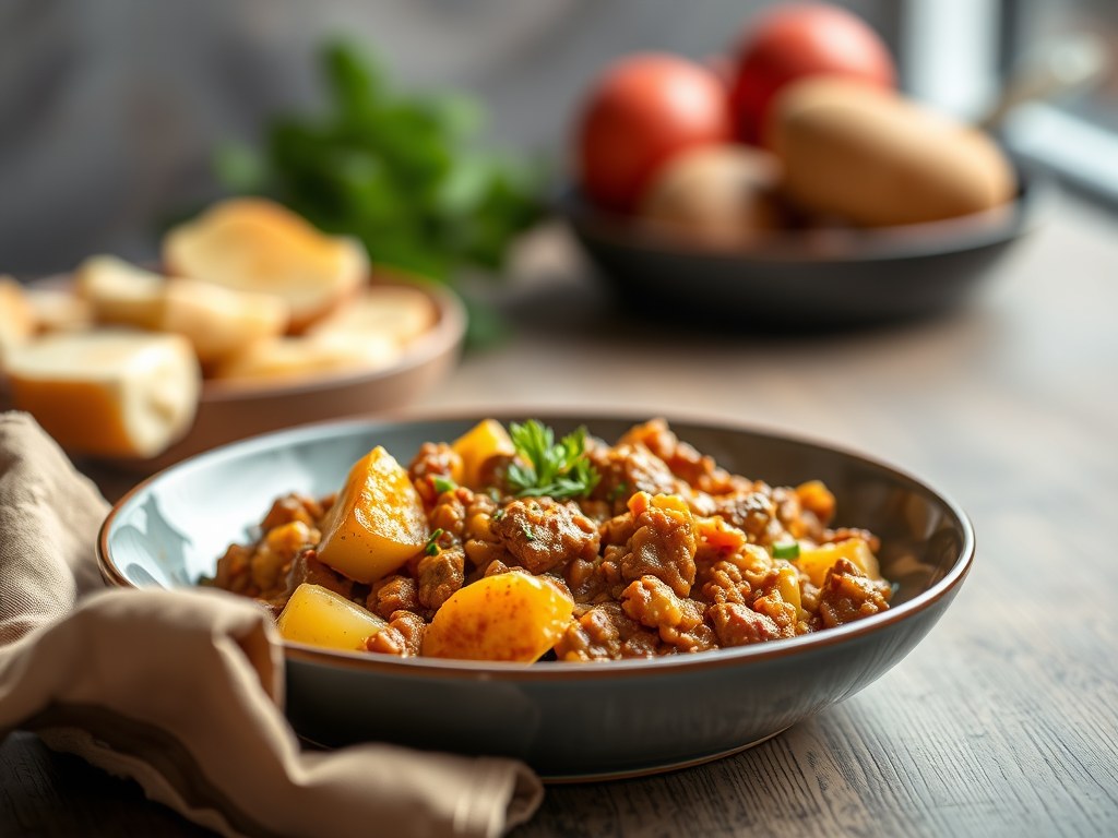 Curry gehakt schotel, AI-gegenereerde illustratie