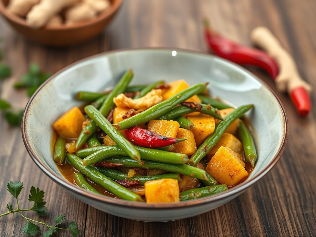 Curry met groene boontjes en gember, AI-gegenereerde illustratie