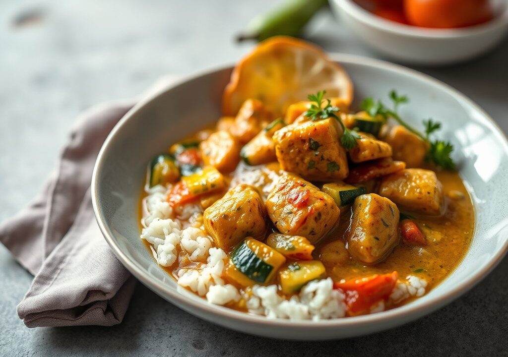 Curry met kalkoen, groenten en zilvervliesrijst — AI-gegenereerde illustratie