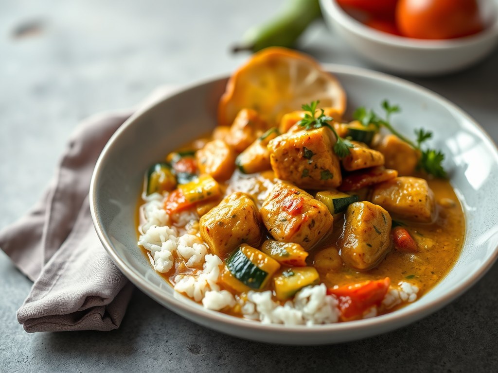 Curry met kalkoen, groenten en zilvervliesrijst, AI-gegenereerde illustratie