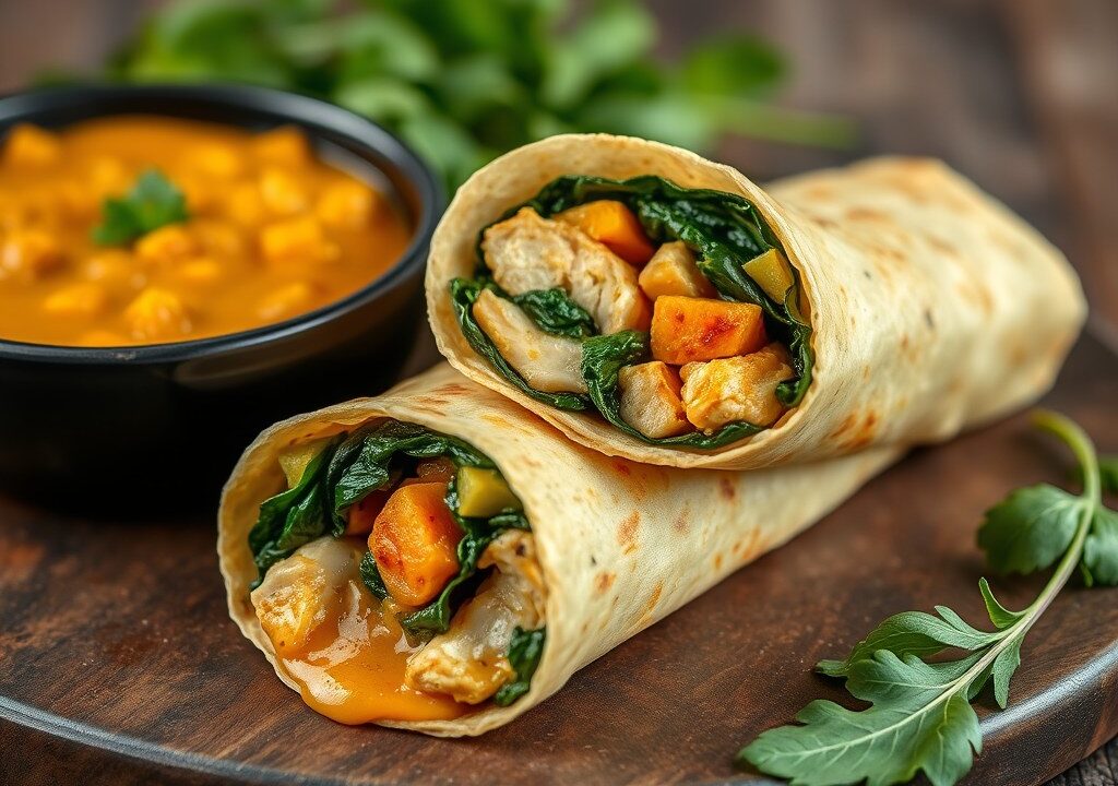 Curry-spinaziewraps met kip — AI-gegenereerde illustratie