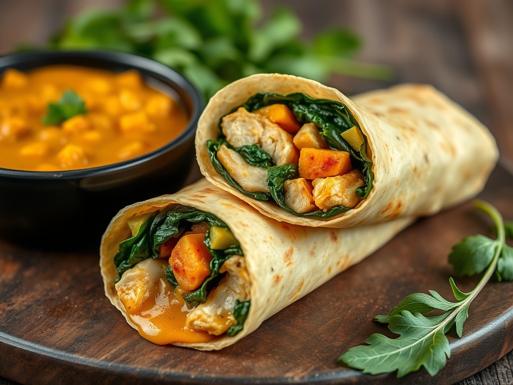 Curry-spinaziewraps met kip, AI-gegenereerde illustratie