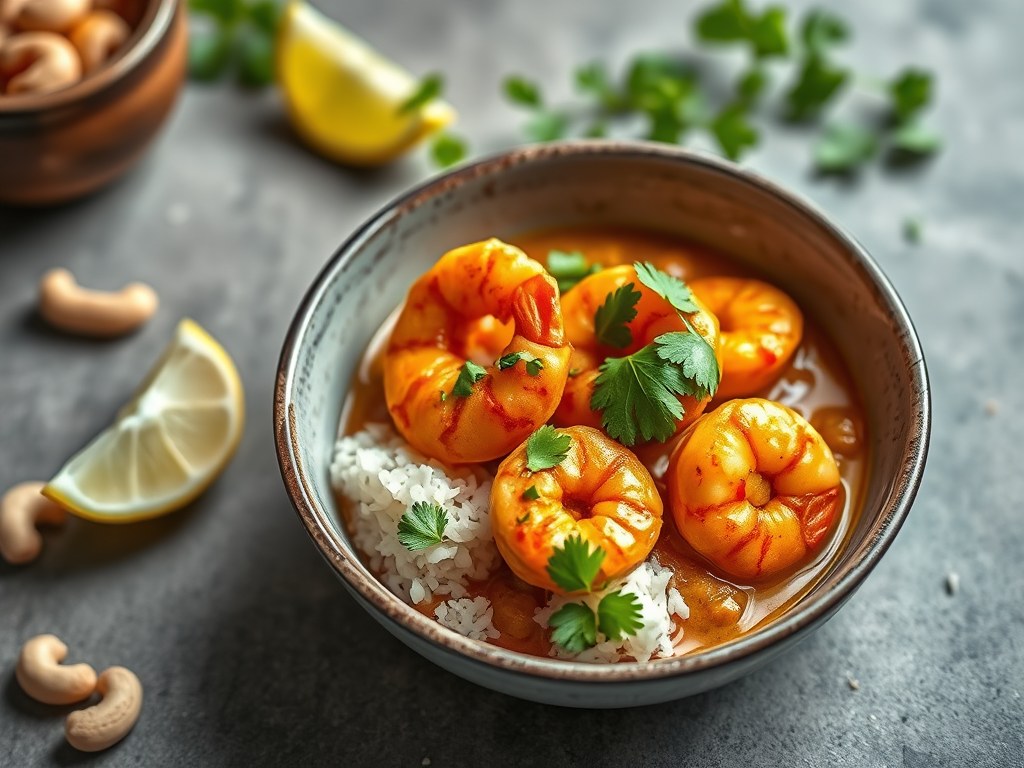 Curry van garnalen op Indische wijze, AI-gegenereerde illustratie
