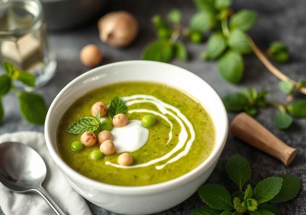Doperwtensoep met Yoghurt en Nootjes, AI-gegenereerde illustratie