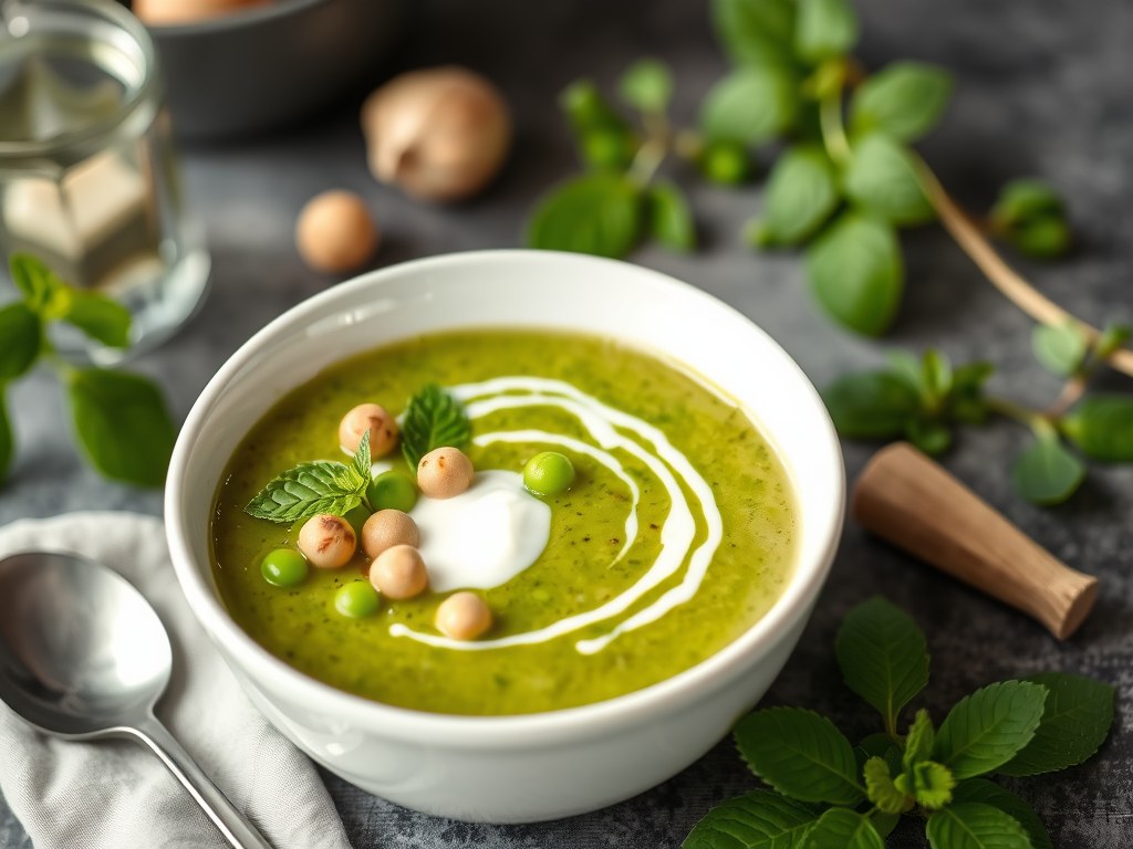 Doperwtensoep met Yoghurt en Nootjes, AI-gegenereerde illustratie