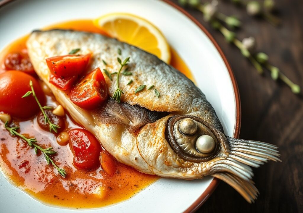 Dorade in zoutkorst met tomatenconfit — AI-gegenereerde illustratie