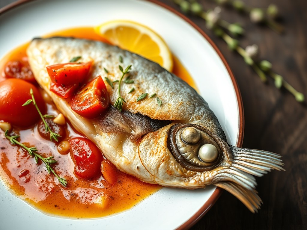 Dorade in zoutkorst met tomatenconfit, AI-gegenereerde illustratie