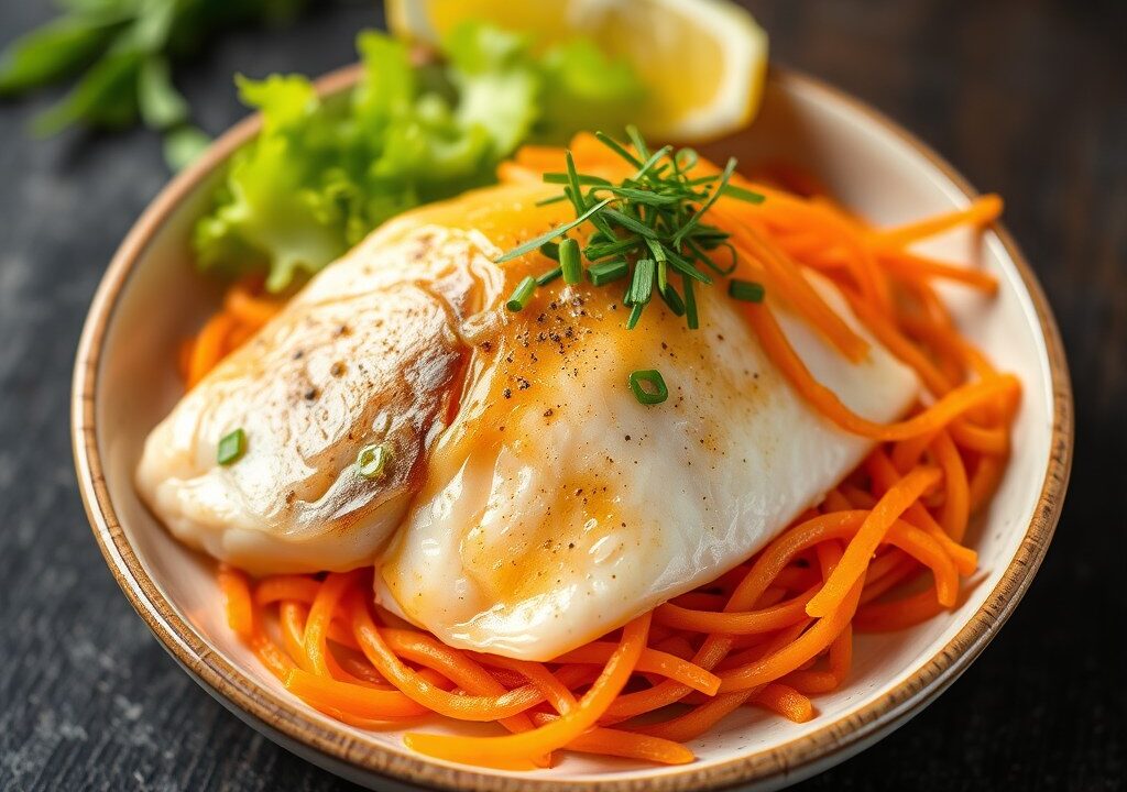 Dorado met citrus dressing en wortelsalade, AI-gegenereerde illustratie