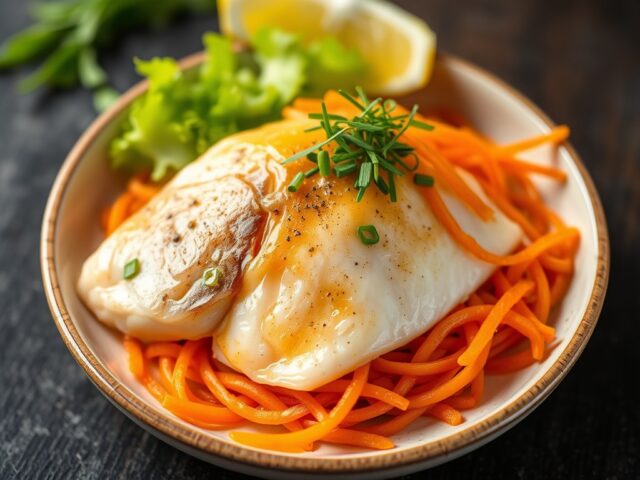 Dorado met citrus dressing en wortelsalade — AI-gegenereerde illustratie