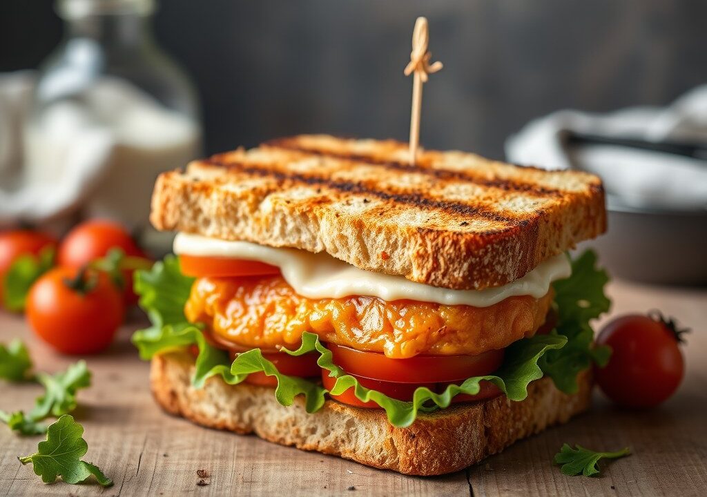 Dubbele sandwiches met Tonijnpaté, kleine artisjokken en kerstomaten — AI-gegenereerde illustratie