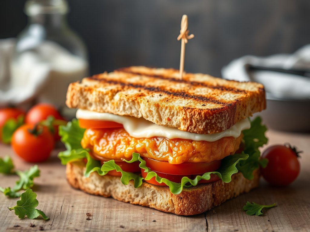Dubbele sandwiches met Tonijnpaté, kleine artisjokken en kerstomaten, AI-gegenereerde illustratie