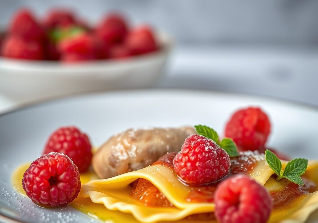 Duif met frambozen en ravioli — AI-gegenereerde illustratie