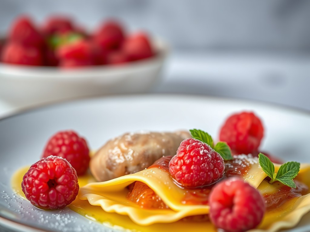 Duif met frambozen en ravioli, AI-gegenereerde illustratie