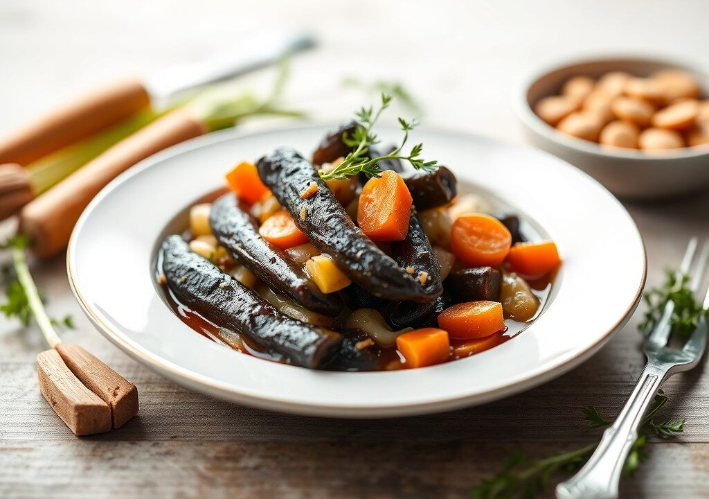 Dunne lende met balsamico en stoofpotje van groentjes — AI-gegenereerde illustratie