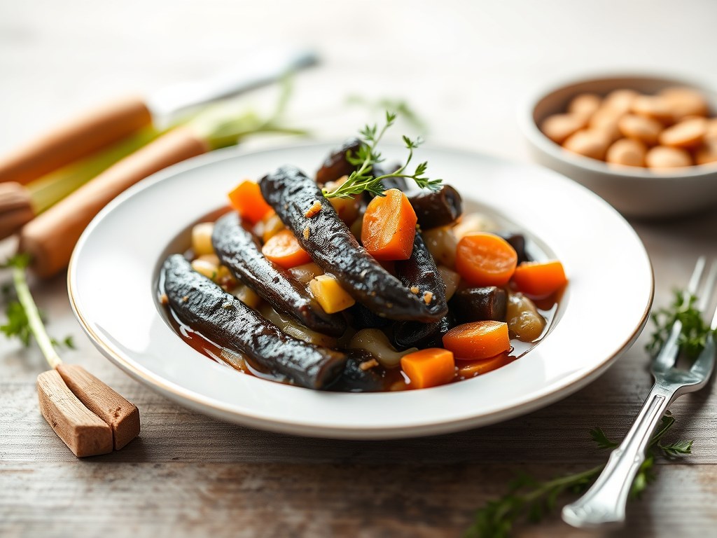 Dunne lende met balsamico en stoofpotje van groentjes, AI-gegenereerde illustratie