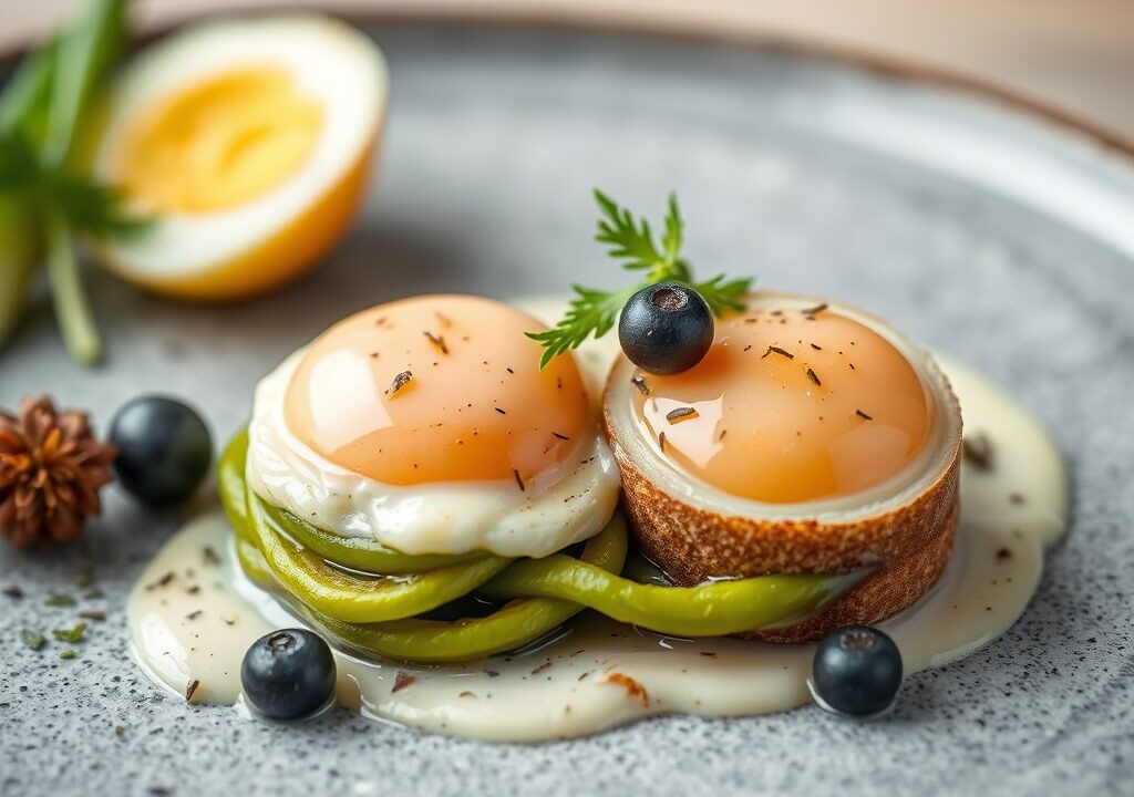 Duo van asperges, gepocheerd ei en emulsie met blauwschimmelkaas, AI-gegenereerde illustratie