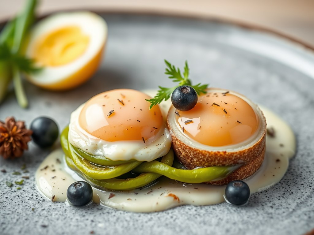 Duo van asperges, gepocheerd ei en emulsie met blauwschimmelkaas, AI-gegenereerde illustratie