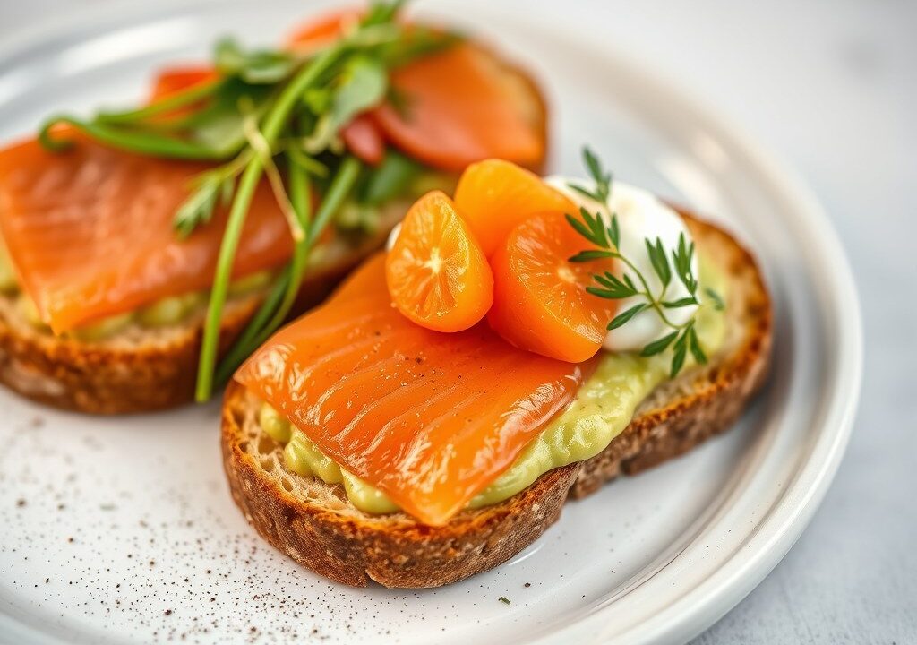 Duo van heilbotfilet en gerookte wilde zalm met citruszeste, avocadocrème en zalmeitjes, AI-gegenereerde illustratie