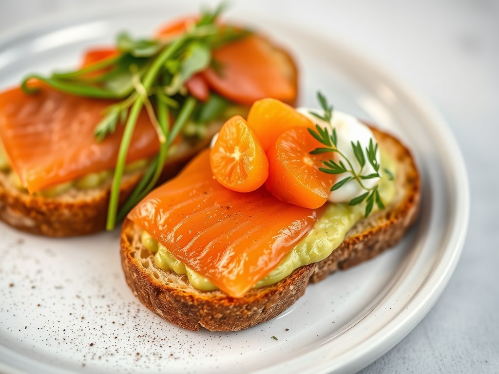 Duo van heilbotfilet en gerookte wilde zalm met citruszeste, avocadocrème en zalmeitjes, AI-gegenereerde illustratie