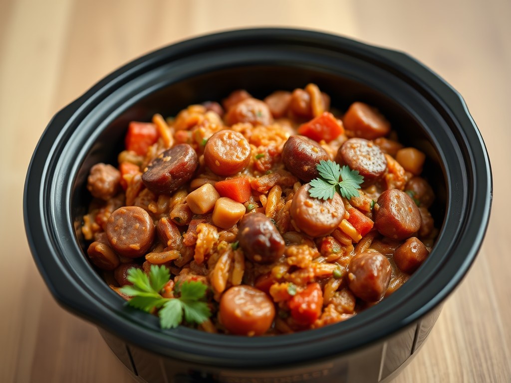 Een Soort Jambalaya uit de Slow Cooker, AI-gegenereerde illustratie