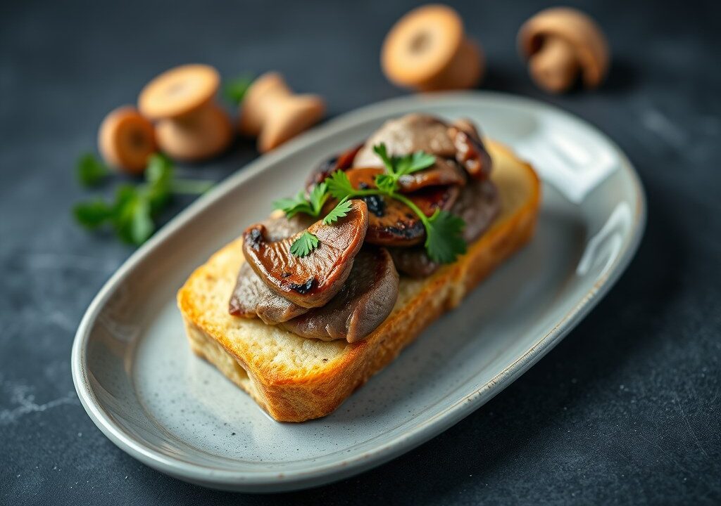 Eendeborst met kwartels en shiitake, AI-gegenereerde illustratie