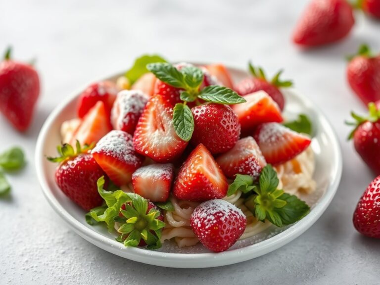 Eendenmagret, in balsamicoazijn gegaarde aardbeien, salade