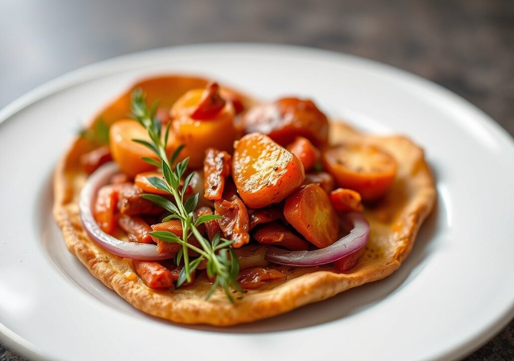 Eenpansgerecht paprikastoof met kabeljauw en chorizo, AI-gegenereerde illustratie