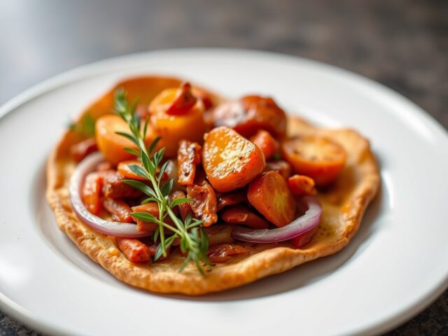 Eenpansgerecht paprikastoof met kabeljauw en chorizo — AI-gegenereerde illustratie