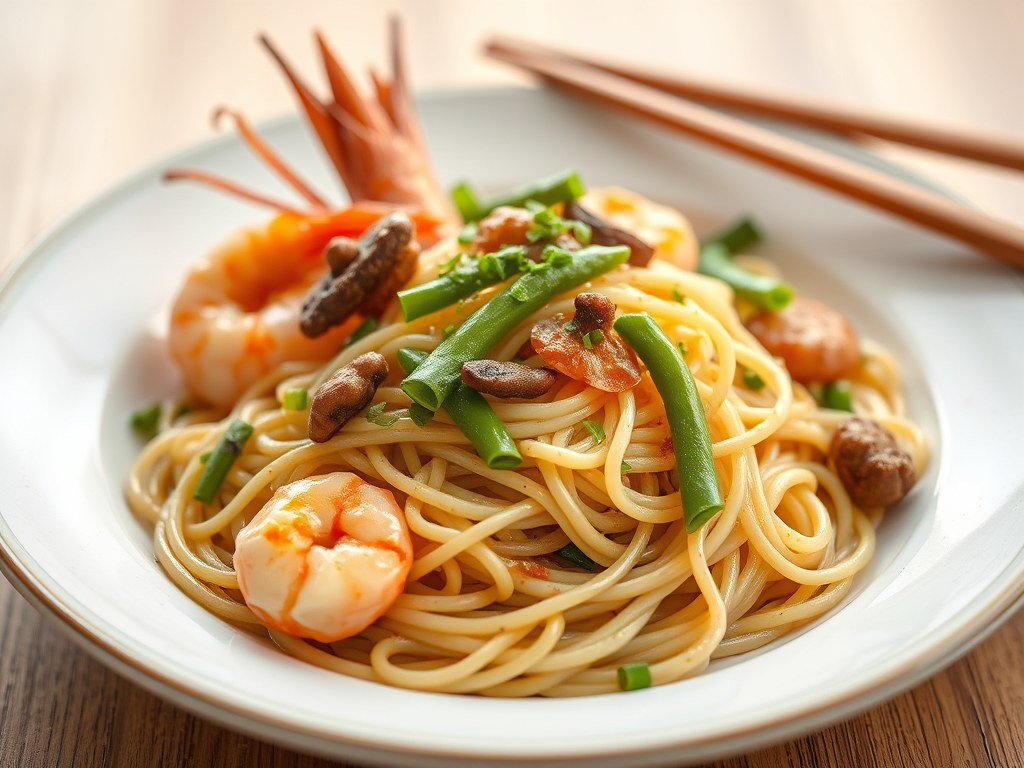 Eiernoodles met Gamba’s en Groene Asperges, AI-gegenereerde illustratie