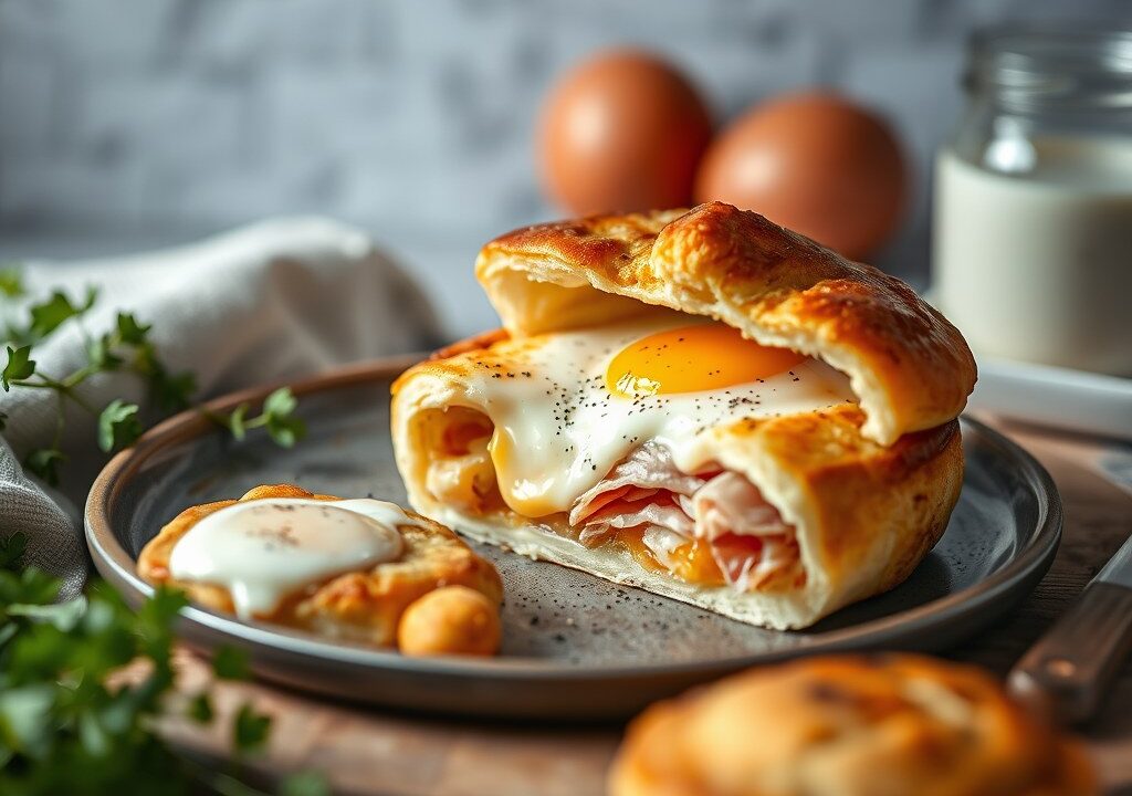 Eitje uit de oven met ham, makkelijk te maken, leuk voor ontbijt of brunch, AI-gegenereerde illustratie