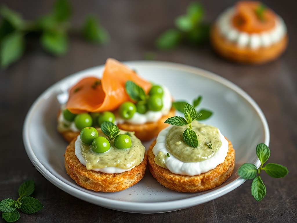 Emulsie van doperwten met munt en blinis met room van gerookte zalm, AI-gegenereerde illustratie