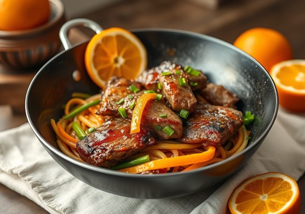Entrecôte met sinaasappel aroma’s — AI-gegenereerde illustratie