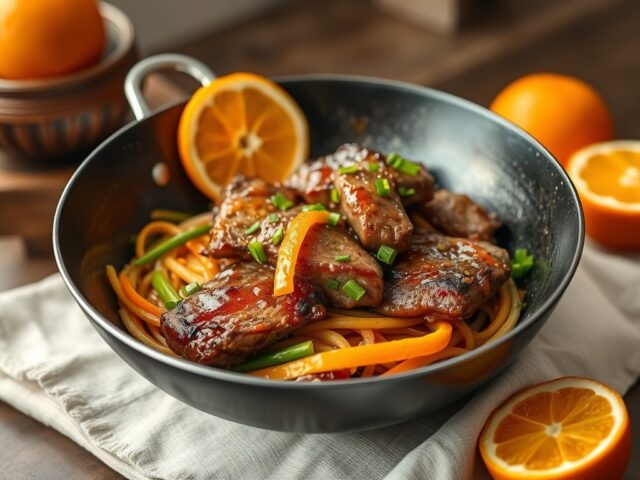 Entrecôte met sinaasappel aroma’s — AI-gegenereerde illustratie