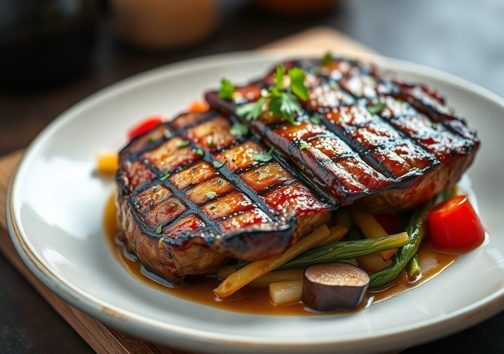 Entrecôte Prik met Aubergine Grillé — AI-gegenereerde illustratie