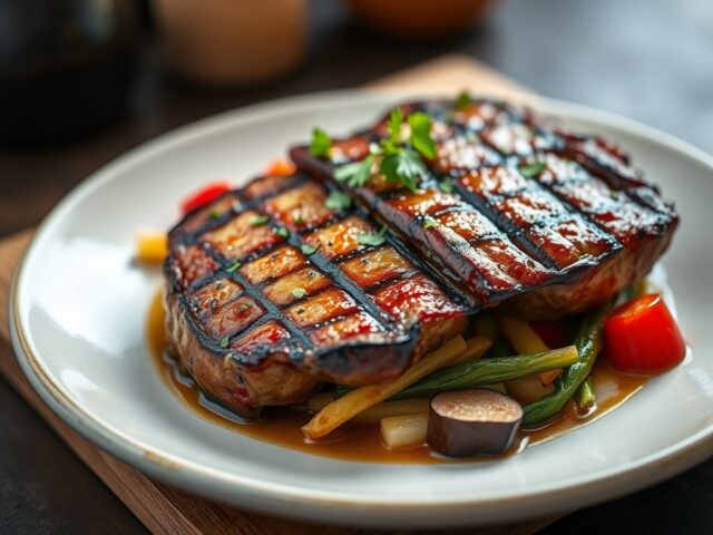 Entrecôte Prik met Aubergine Grillé — AI-gegenereerde illustratie