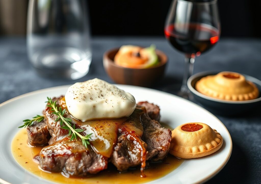 Entrecote met mascarpone, schorseneren en zoete aardappelkoekjes, AI-gegenereerde illustratie