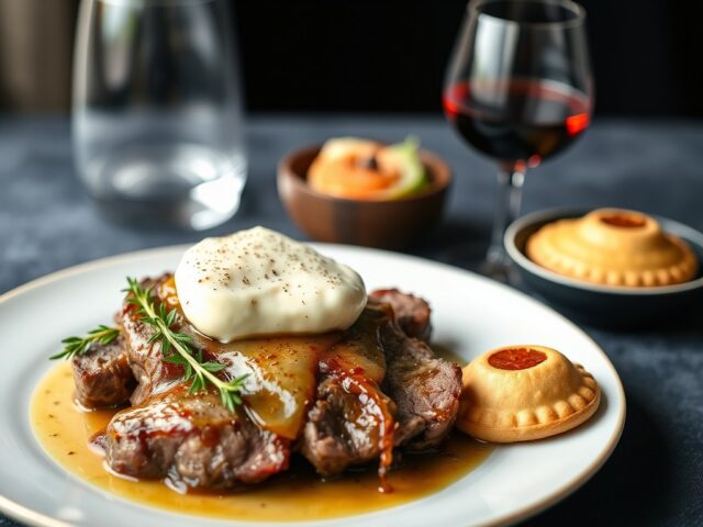 Entrecote met mascarpone, schorseneren en zoete aardappelkoekjes — AI-gegenereerde illustratie