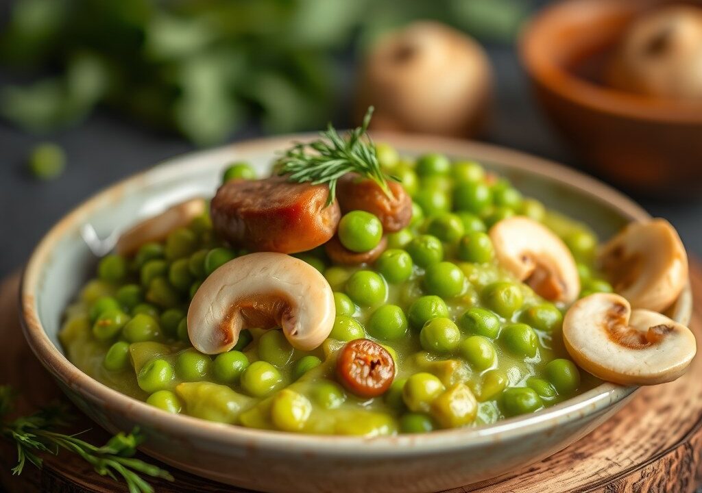 Erwtenpuree met vegetarische rookworst en champignons, AI-gegenereerde illustratie