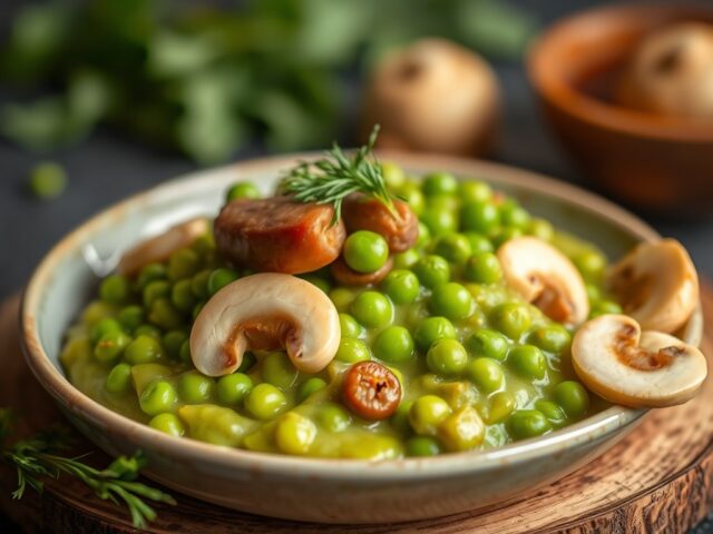 Erwtenpuree met vegetarische rookworst en champignons — AI-gegenereerde illustratie