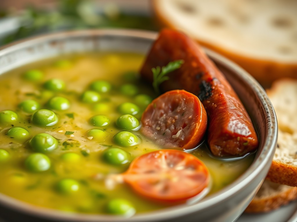 Erwtensoep met chorizo worst, AI-gegenereerde illustratie