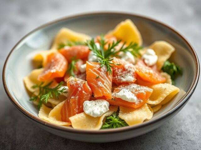 Farfalle met gerookte zalm, ricotta en dille — AI-gegenereerde illustratie