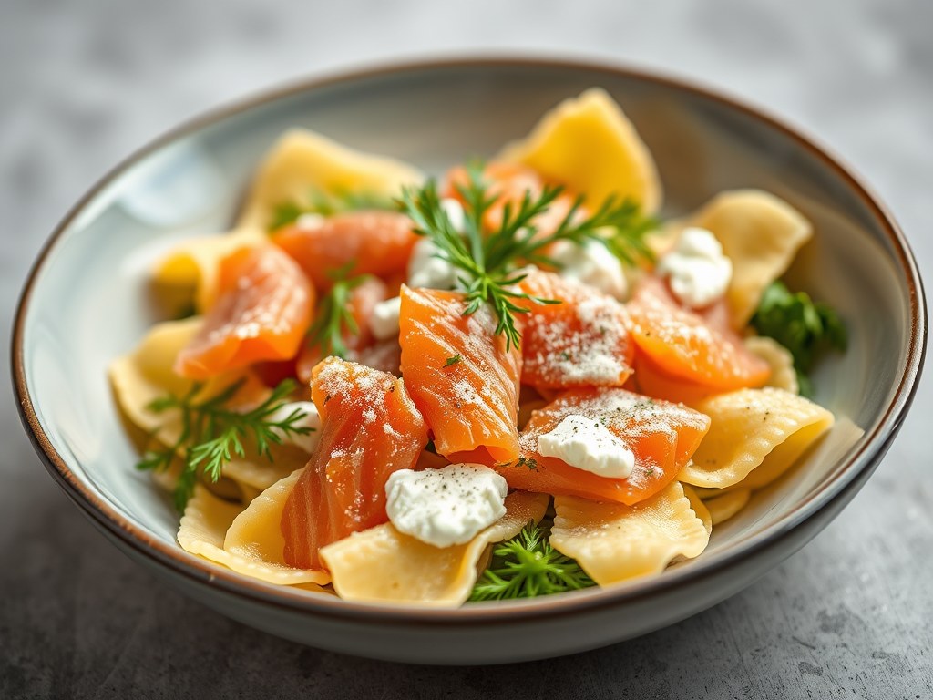 Farfalle met gerookte zalm, ricotta en dille, AI-gegenereerde illustratie