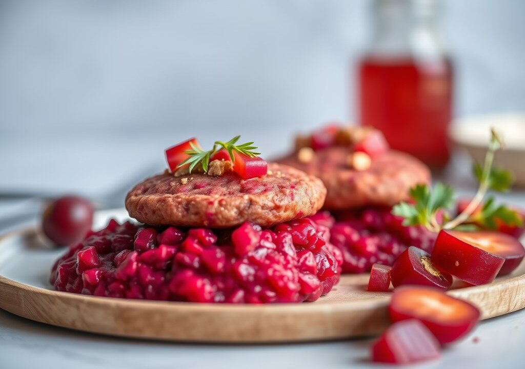 Fazantfilet met gekonfijte rode biet, puree van pastinaak en raapjes — AI-gegenereerde illustratie