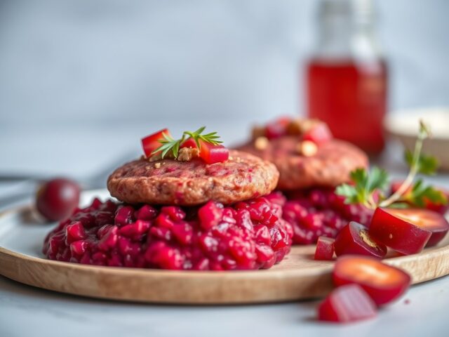 Fazantfilet met gekonfijte rode biet, puree van pastinaak en raapjes — AI-gegenereerde illustratie