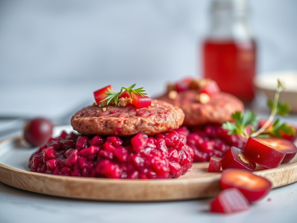 Fazantfilet met gekonfijte rode biet, puree van pastinaak en raapjes, AI-gegenereerde illustratie